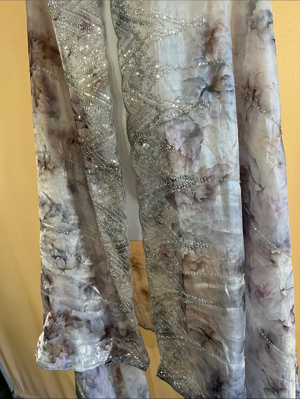 Unique Vintage Sheer Floral Scarf Wrap in Light Gray and Silver